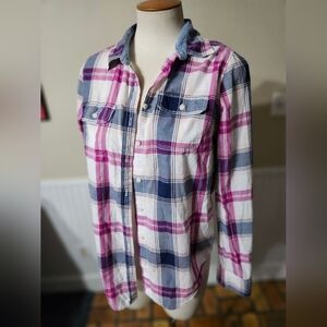 St. John's Bay Pink and Blue Plaid Button Down Shirt